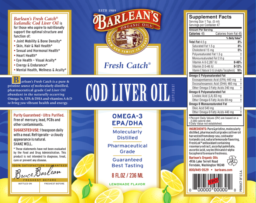 Label for Fresh Catch Cod Liver Oil Lemondade Flavor