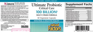 Label for Ultimate Probiotic Critical Care 100 Billion