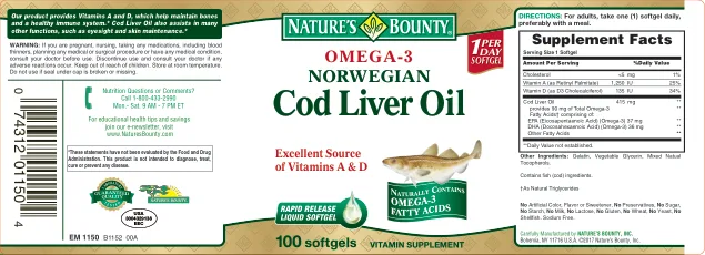 Label for Omega-3 Norwegian Cod Liver Oil