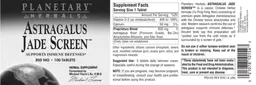 Label for Astragalus Jade Screen 850 mg
