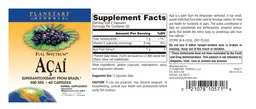 Label for Full Spectrum Acai 500 mg