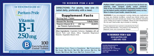 Label for Vitamin B-1 250 mg