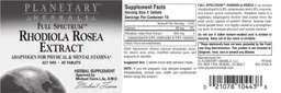 Label for Full Spectrum Rhodiola Rosea Extract 327 mg