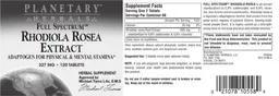 Label for Full Spectrum Rhodiola Rosea Extract 327 mg