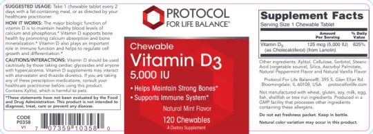 Label for Chewable Vitamin D3 5,000 IU Natural Mint Flavor