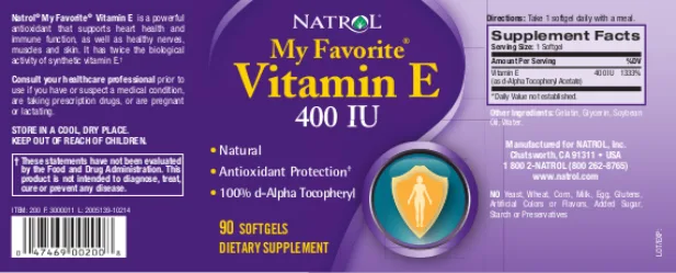 Label for My Favorite Vitamin E 400 IU