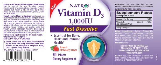 Label for Vitamin D3 1,000 IU Fast Dissolve Natural Strawberry Flavor