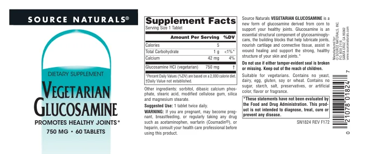 Label for Vegetarian Glucosamine 750 mg