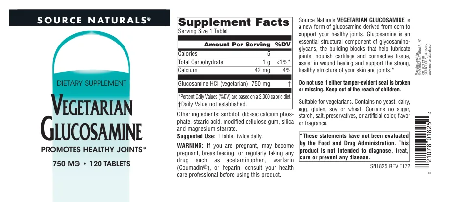 Label for Vegetarian Glucosamine 750 mg
