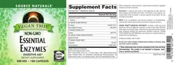 Label for Vegan True Essential Enzymes 500 mg