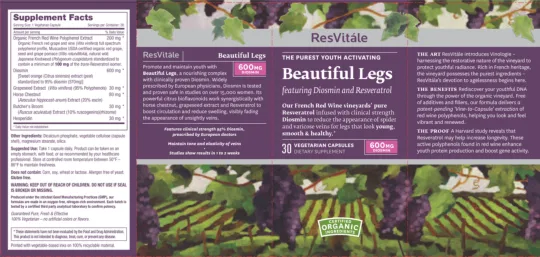 Label for Beautiful Legs featuring Diosmin And Resveratrol