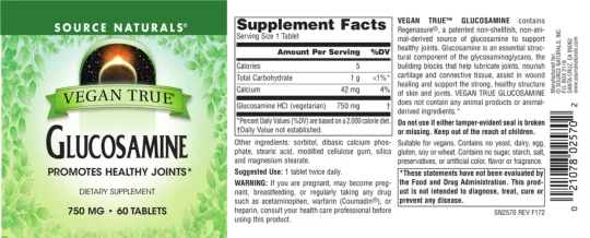Label for Vegan True Glucosamine 750 mg
