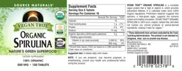 Label for Vegan True Organic Spirulina 500 mg