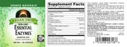 Label for Vegan True Essential Enzymes 500 mg
