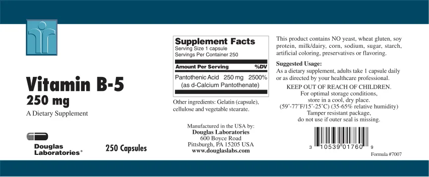 Label for Vitamin B-5 250 mg