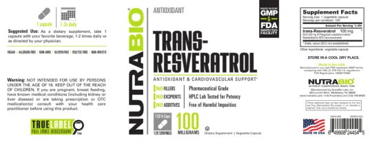 Label for Trans-Resveratrol 100 Milligrams