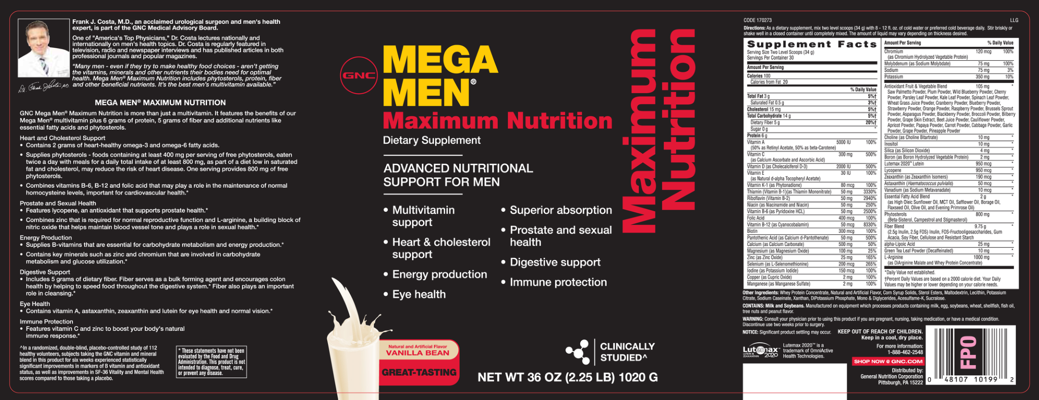 Label for Maximum Nutrition Vanilla Bean