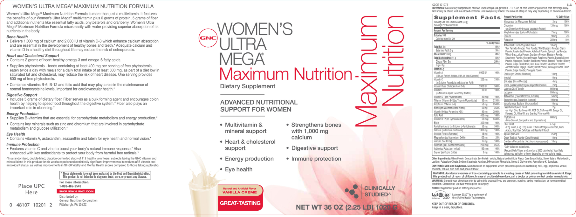 Label for Maximum Nutrition Vanilla Creme