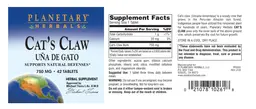 Label for Cat's Claw 750 mg