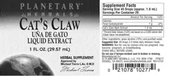 Label for Cat's Claw Liquid Extract