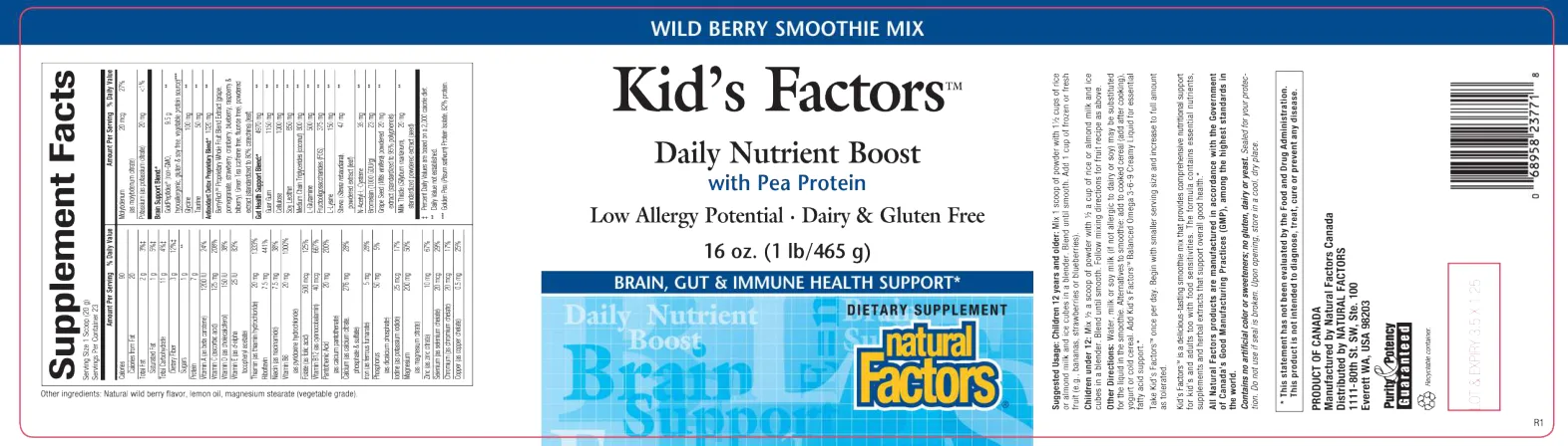 Label for Kid's Factors Wild Berry Smoothie Mix