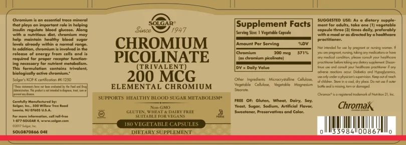 Label for Chromium Picolinate 200 mcg
