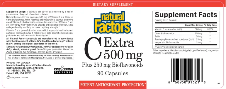 Label for C Extra 500 mg Plus 250 mg Bioflavonoids