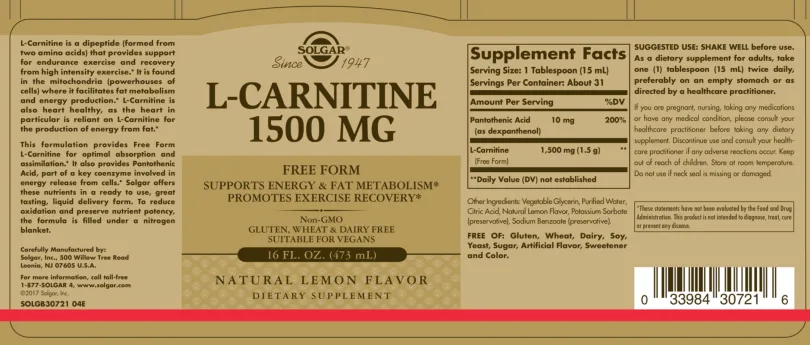 Label for L-Carnitine 1500 mg Natural Lemon Flavor