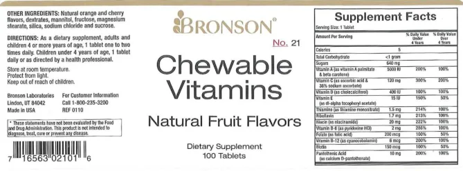 Label for Chewable Vitamins Natural Fruit Flavors