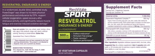 Label for Sport Resveratrol Endurance & Energy With Powergrape