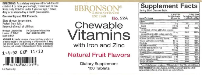 Label for Chewable Vitamins With Iron And Zinc Natural Fruit Flavors