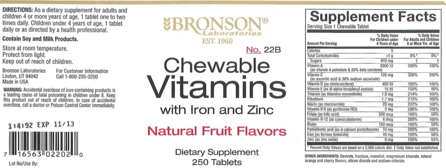 Label for Chewable Vitamins With Iron And Zinc Natural Fruit Flavors