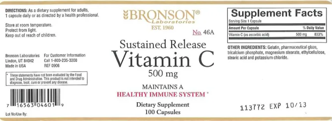 Label for Sustained Release Vitamin C 500 mg