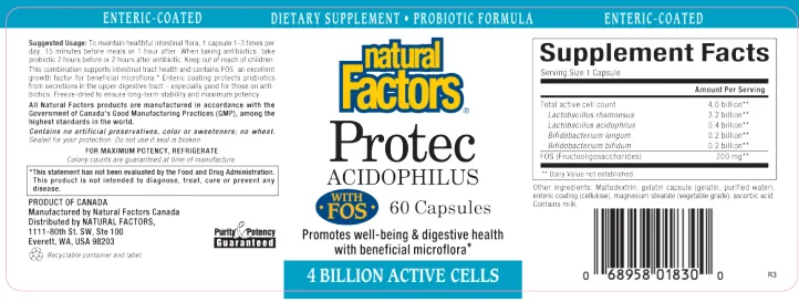 Label for Protec Acidophilus With FOS