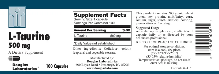 Label for L-Taurine 500 mg
