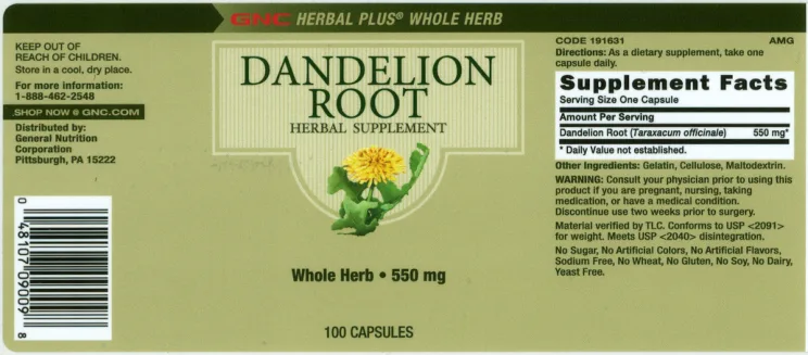 Label for Dandelion Root 550 mg