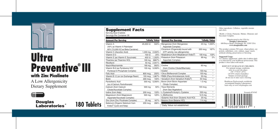 Label for Ultra Preventive III With Zinc Picolinate