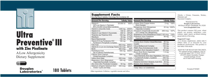 Label for Ultra Preventive III With Zinc Picolinate