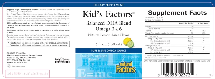Label for Kid's Factors Balanced DHA Blend Omega 3 & 6 Natural Lemon-Lime Flavor