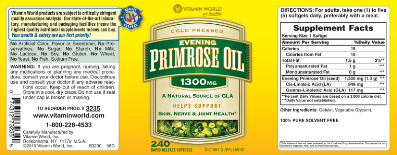 Label for Evening Primrose Oil 1300 mg