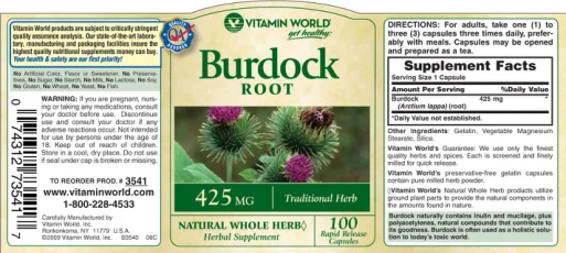 Label for Burdock Root 425 mg