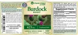 Label for Burdock Root 425 mg