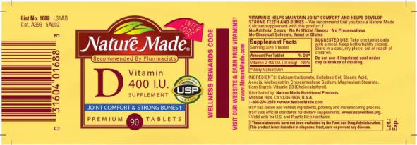 Label for Vitamin D 400 IU Supplement