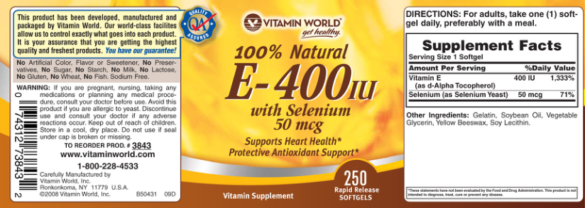 Label for 100% Natural E-400 IU With Selenium 50 mcg