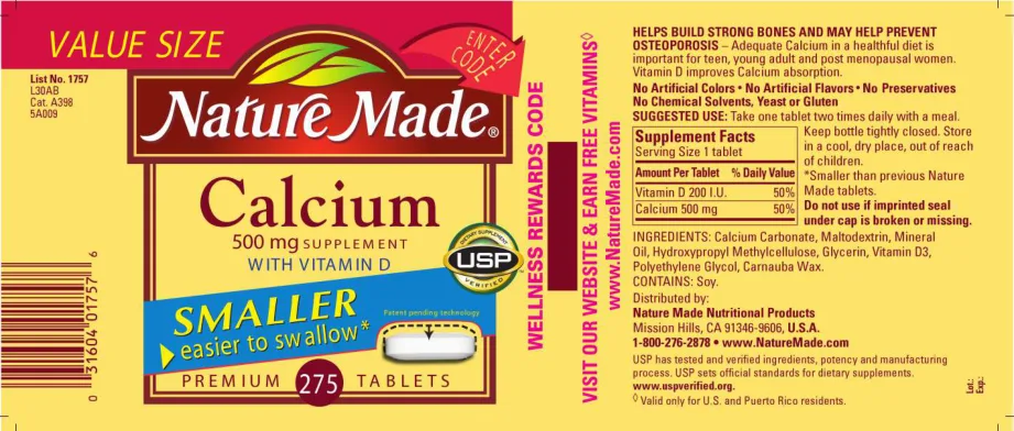 Label for Calcium 500 mg Supplement