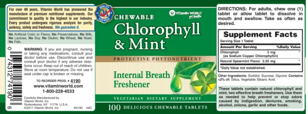 Label for Chewable Chlorophyll & Mint