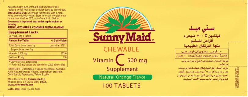 Label for Chewable Vitamin C 500 mg Supplement Natural Orange Flavor
