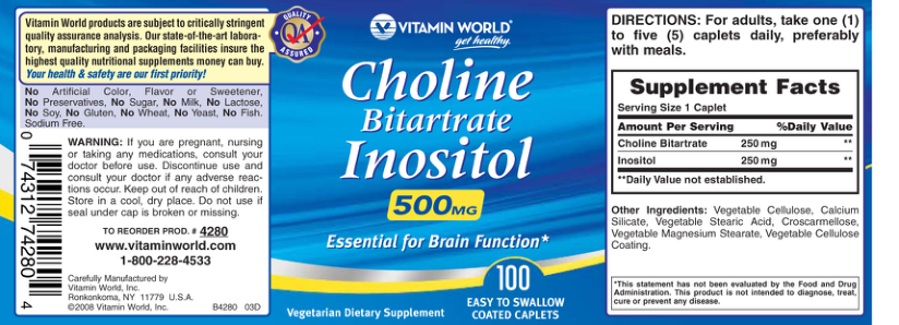 Label for Choline Bitartrate Inositol 500 mg