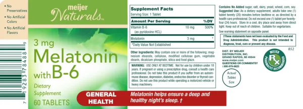 Label for Melatonin 3 mg with B-6