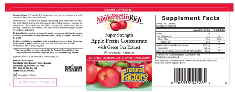 Label for ApplePectinRich Super Strength Apple Pectin Concentrate With Green Tea Extract